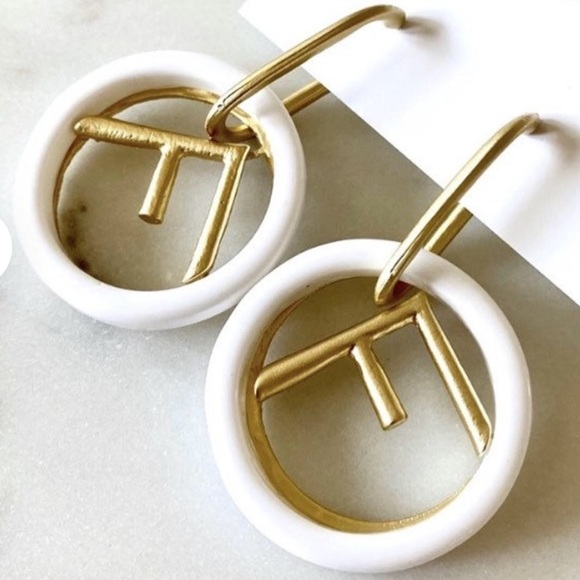 F Luxury Earrings Hoops Brushed Gold White Fashion Design NEW - Picture 2 of 7